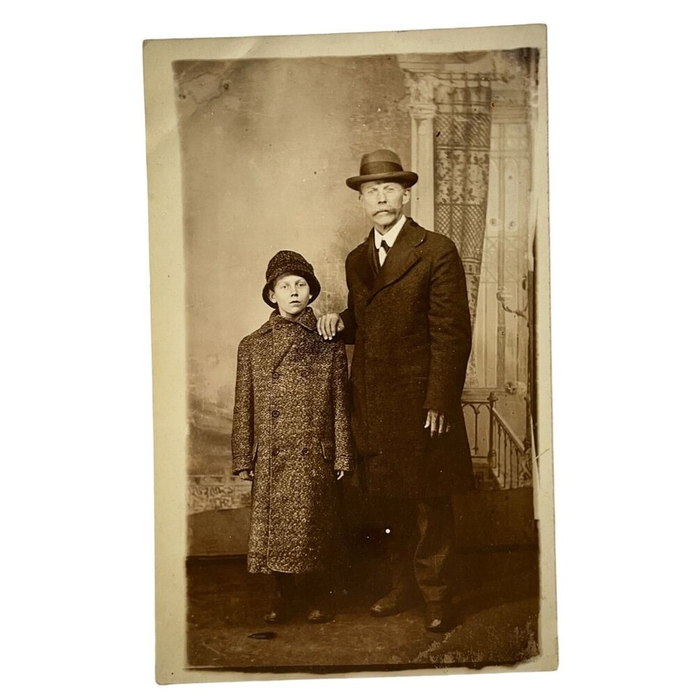 Father Son Family Portrait RPPC Postcard Vintage Winter Trench Coats Staircase